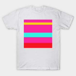 An amazing admixture of Cherry Red, Barbie Pink, Metallic Yellow and Bright Light Blue stripes. T-Shirt